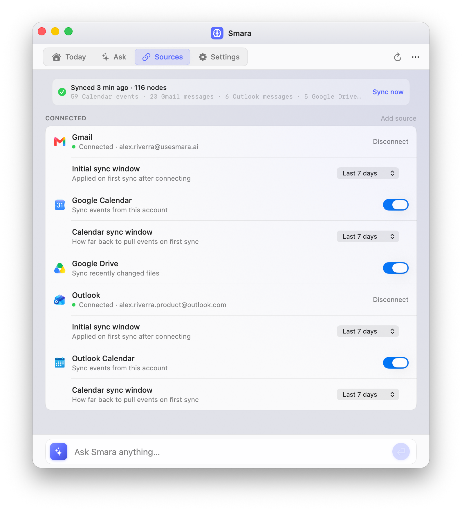 Smara’s Sources tab showing Gmail, Google Calendar, Google Drive, Outlook and Outlook Calendar connected, each with a sync window