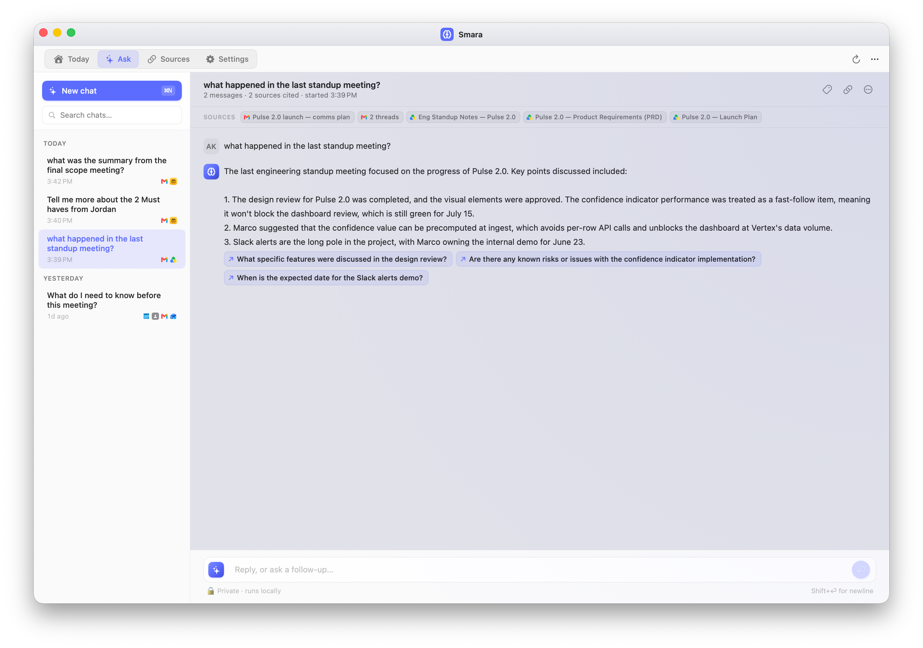 Smara’s Ask tab answering “what happened in the last standup meeting?” with cited sources across mail, calendar and Drive
