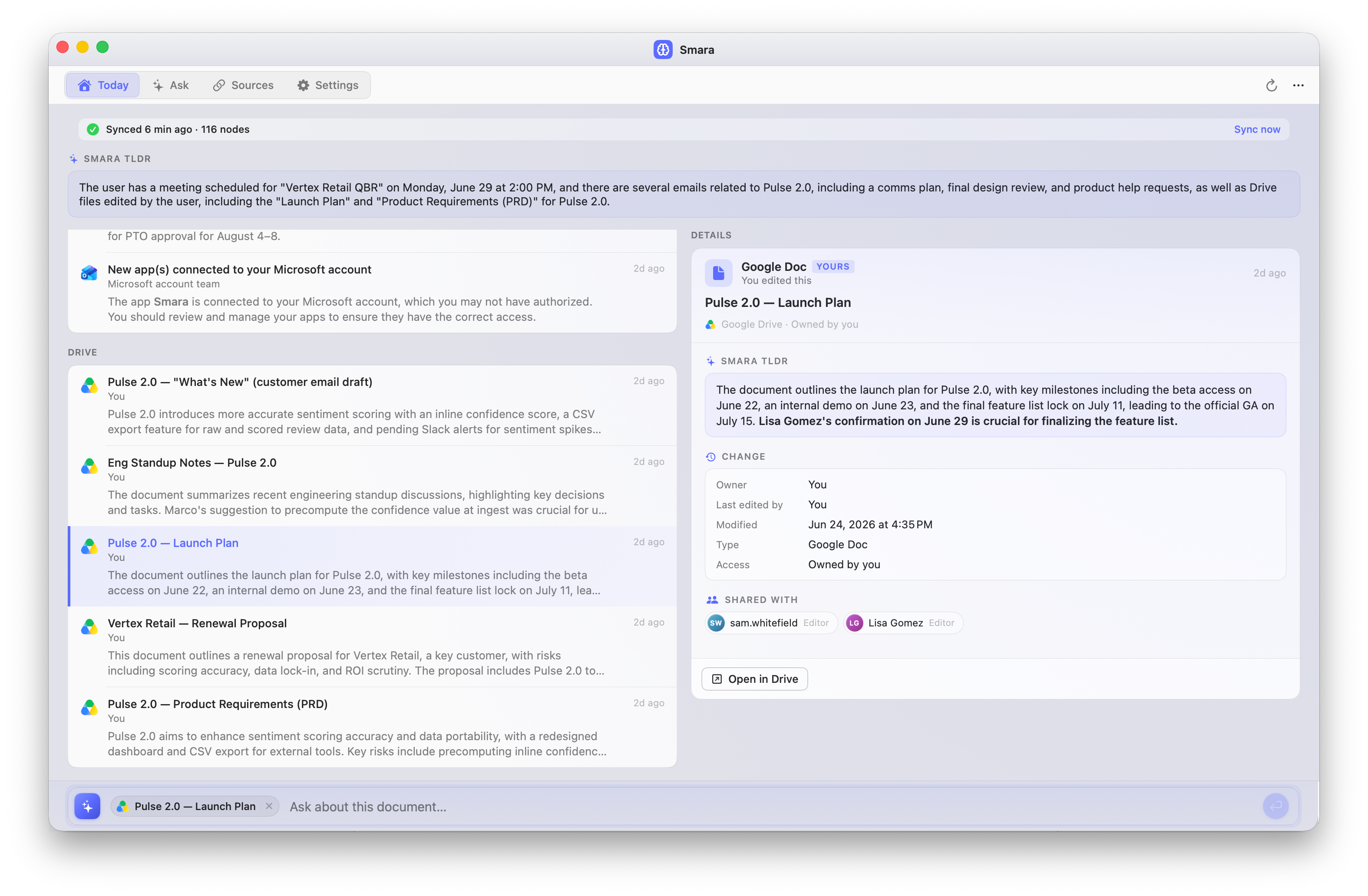 Smara summarizing a single Google Drive document — a launch plan — with an AI TLDR, owner and sharing details