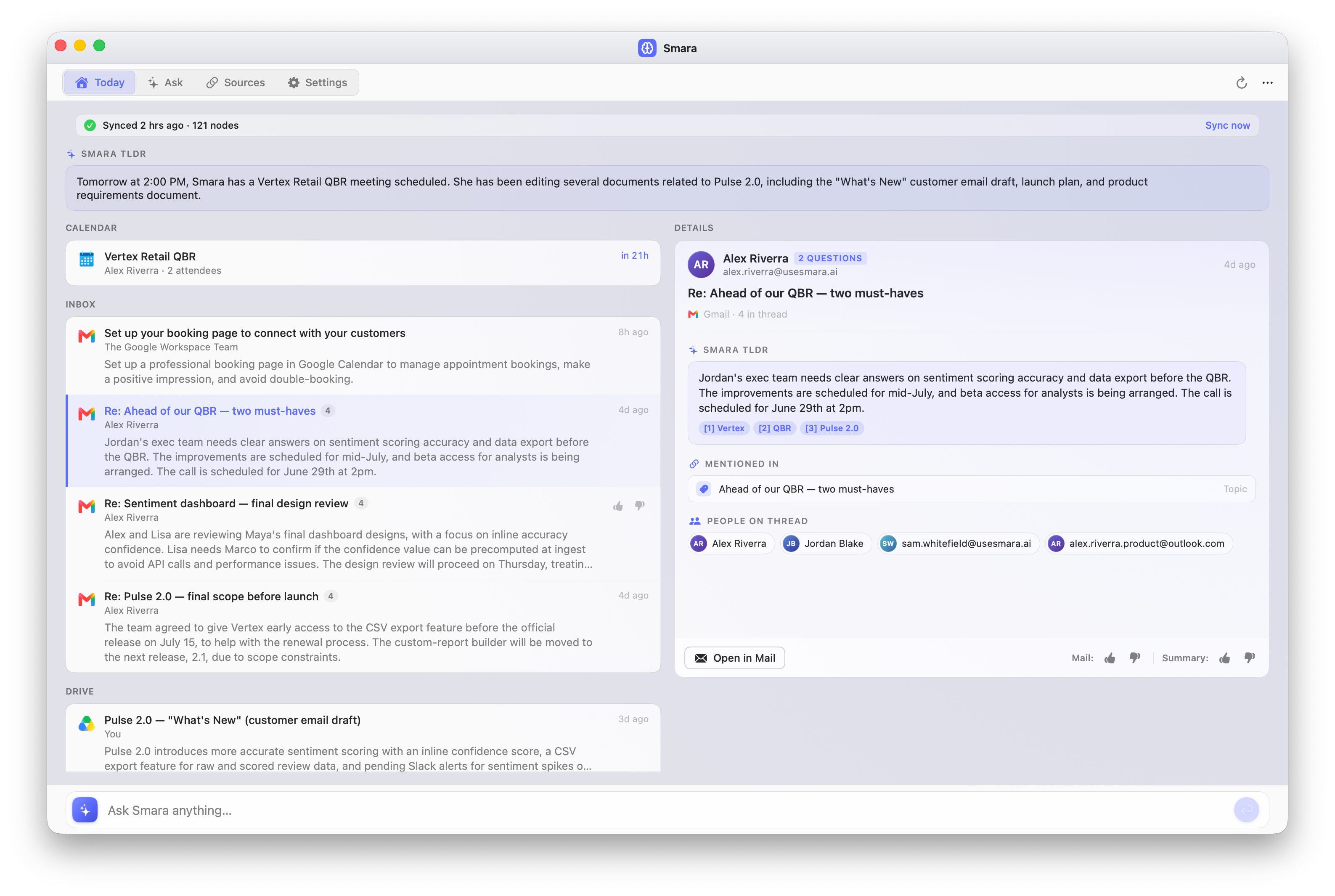 Smara’s Today tab — the inbox ranked by importance with an email thread’s AI summary and the people and documents it mentions