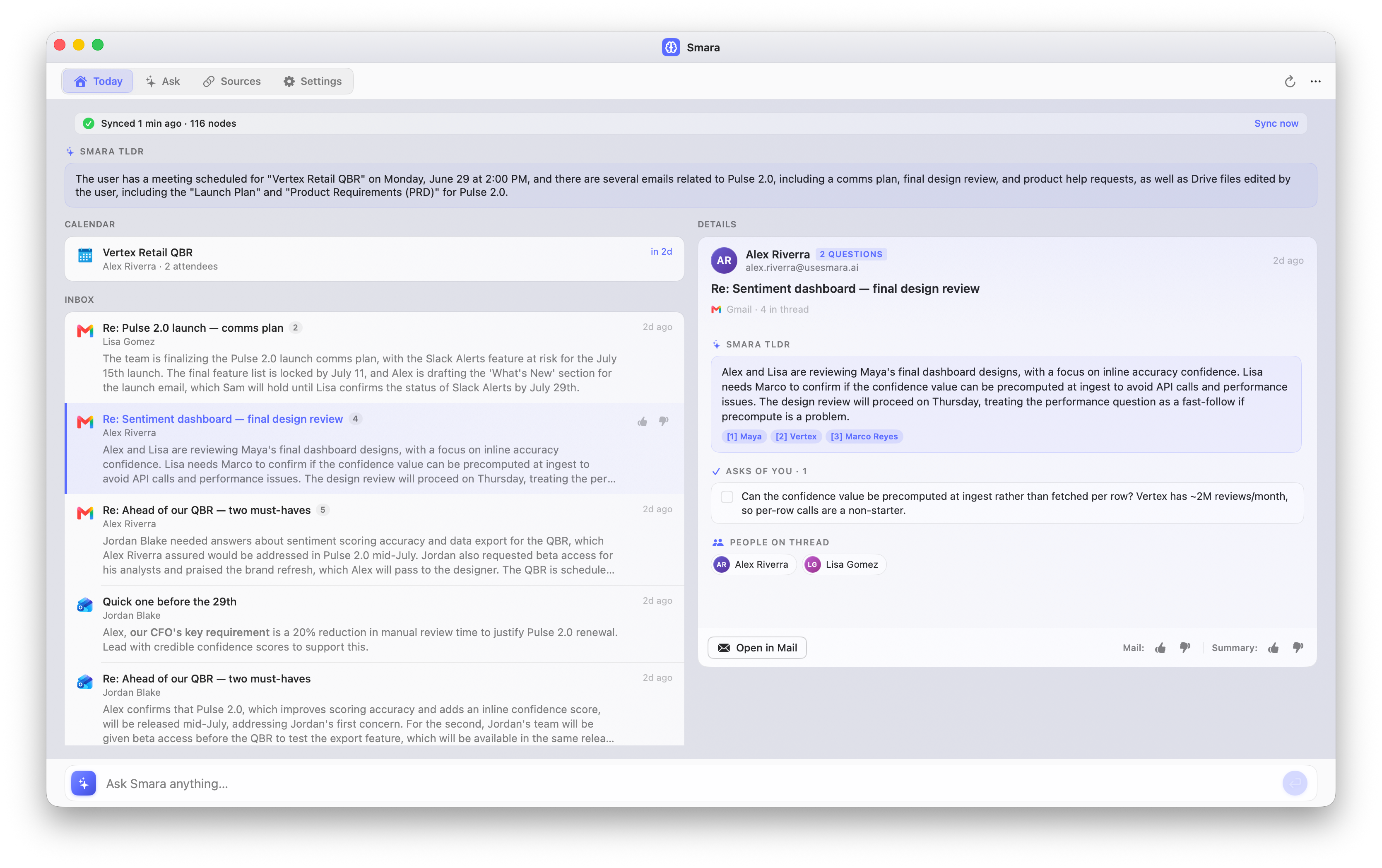 Smara’s Today tab — a synced inbox and calendar on the left, with an email’s AI summary and an “asks of you” list on the right