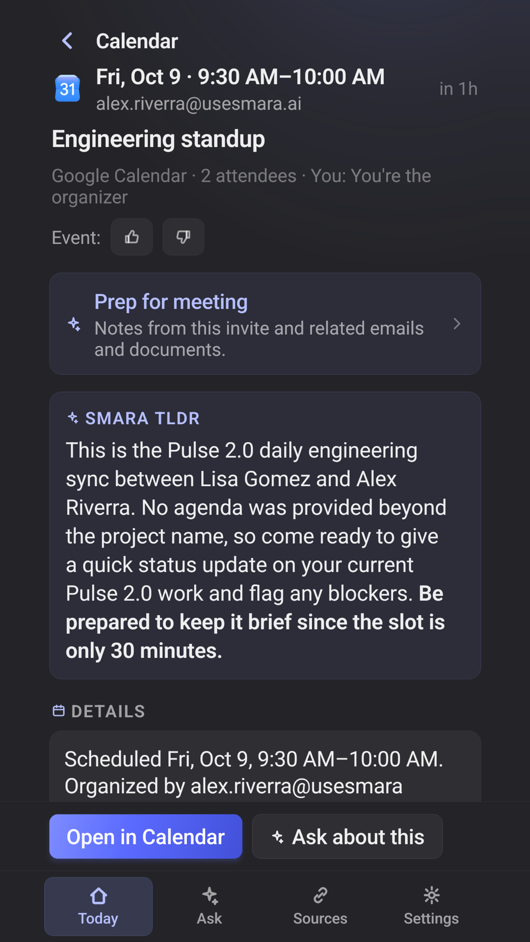 A calendar event in Smara on a phone, with a meeting-prep link, an AI TLDR and an “Ask about this” button