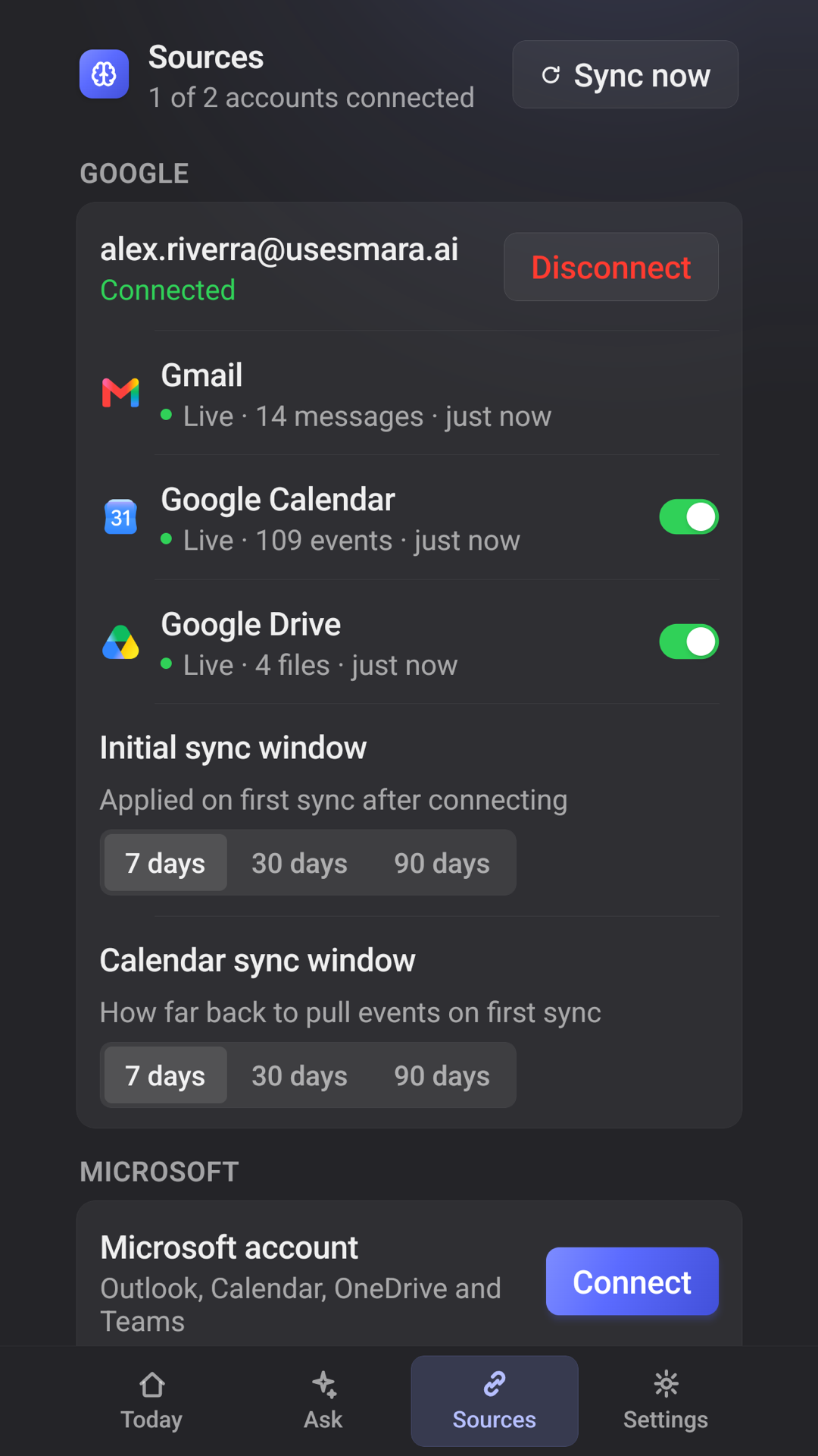 Smara’s Sources tab on a phone, with Gmail, Google Calendar and Google Drive connected and a choice of sync window