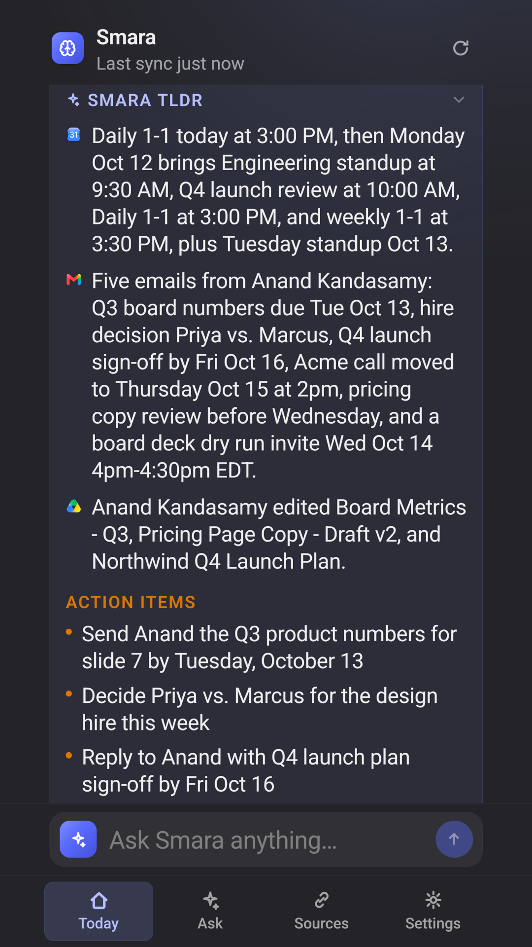 Smara’s Today tab on a phone — a TLDR of the day’s meetings, mail and files, followed by a list of action items